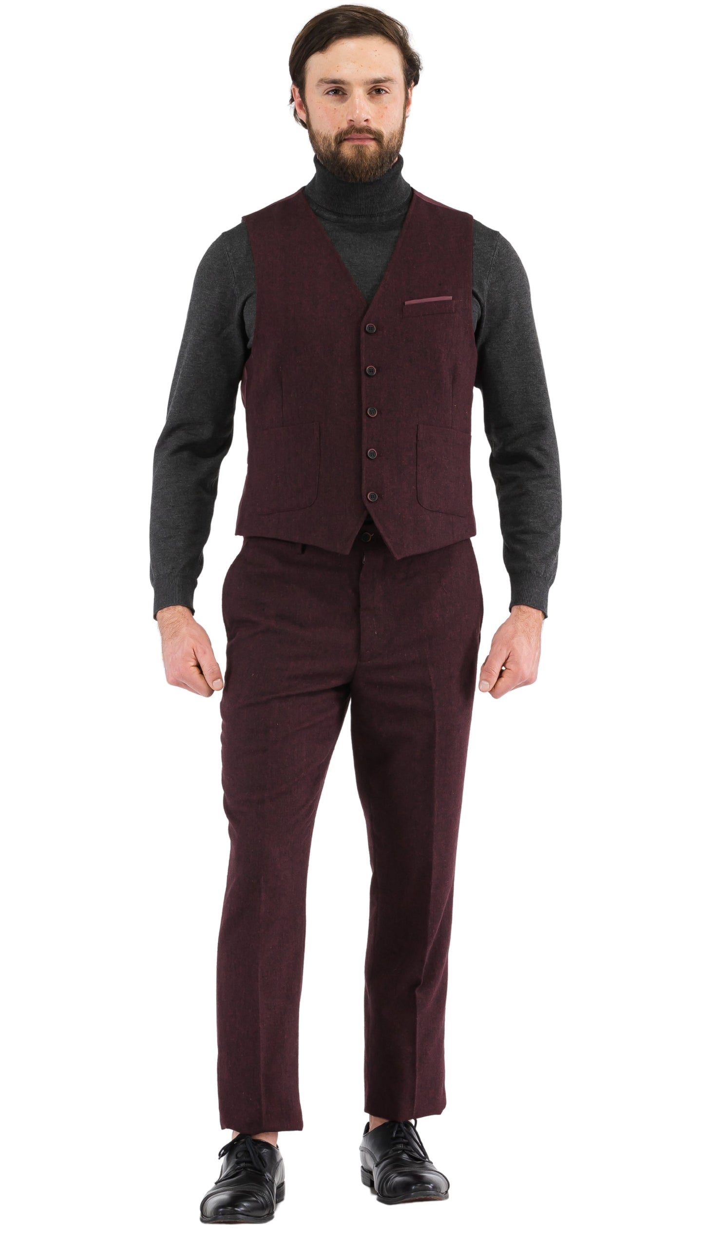 LANA MEN'S BURGUNDY SLIM FIT 3-PIECE TWEED SUIT | NOTCH LAPEL & TWEED WEAVE