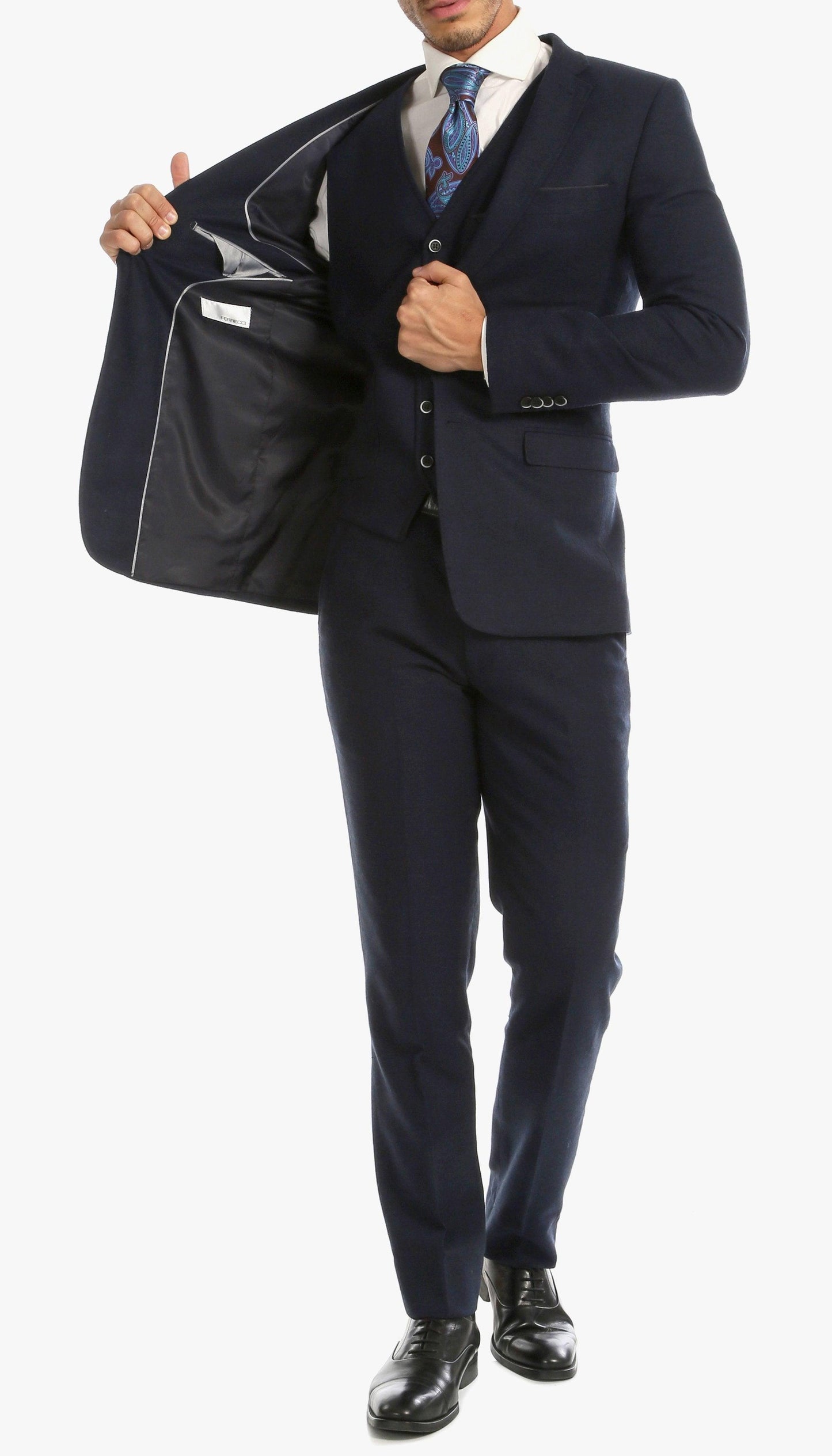 Bradford Navy Tweed With Slim Fit Suit With Five Button Vest - Ferrecci USA