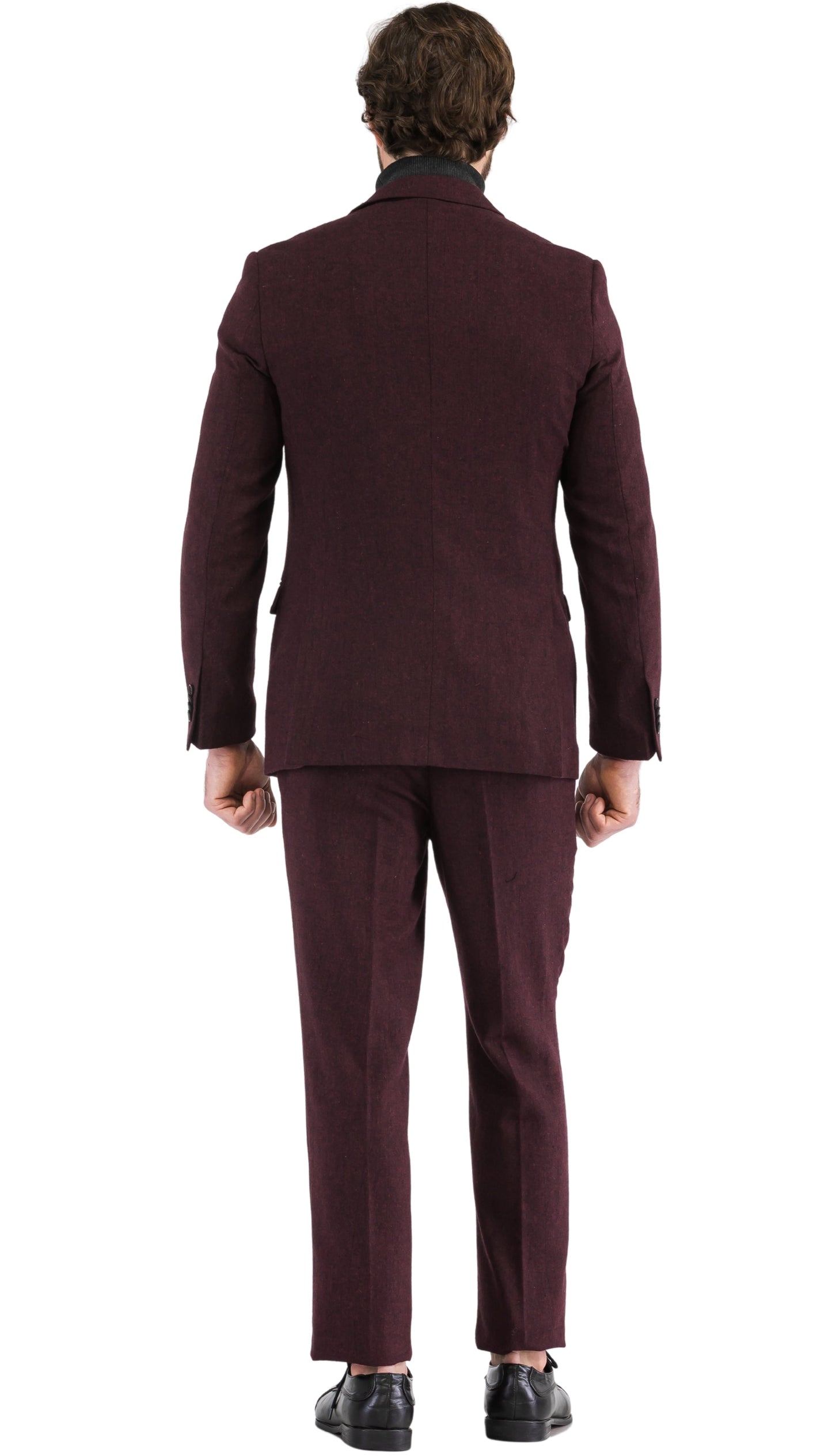 LANA MEN'S BURGUNDY SLIM FIT 3-PIECE TWEED SUIT | NOTCH LAPEL & TWEED WEAVE
