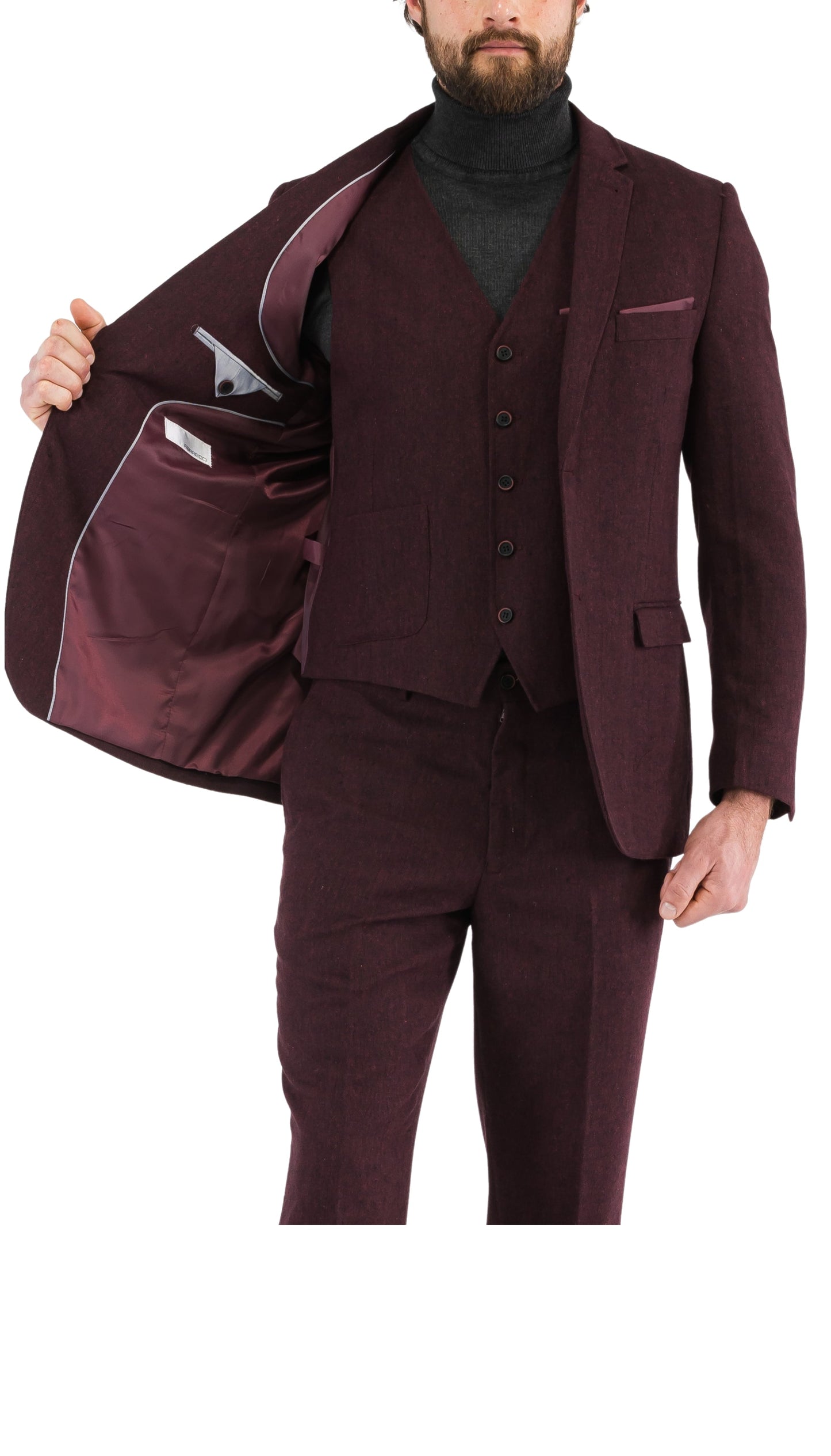 LANA MEN'S BURGUNDY SLIM FIT 3-PIECE TWEED SUIT | NOTCH LAPEL & TWEED WEAVE