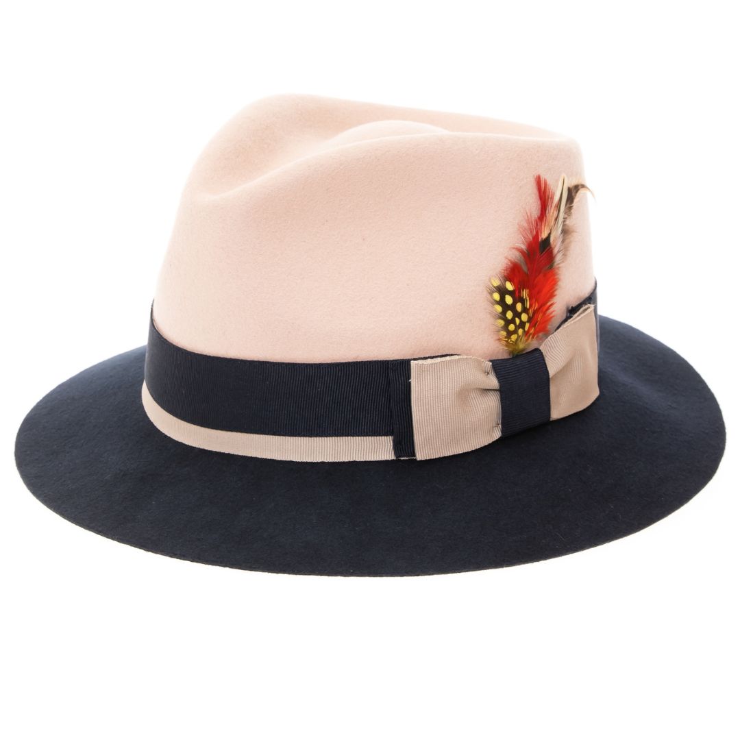 Australian Wool Beige and Navy Puck Trilby Fedora Hat