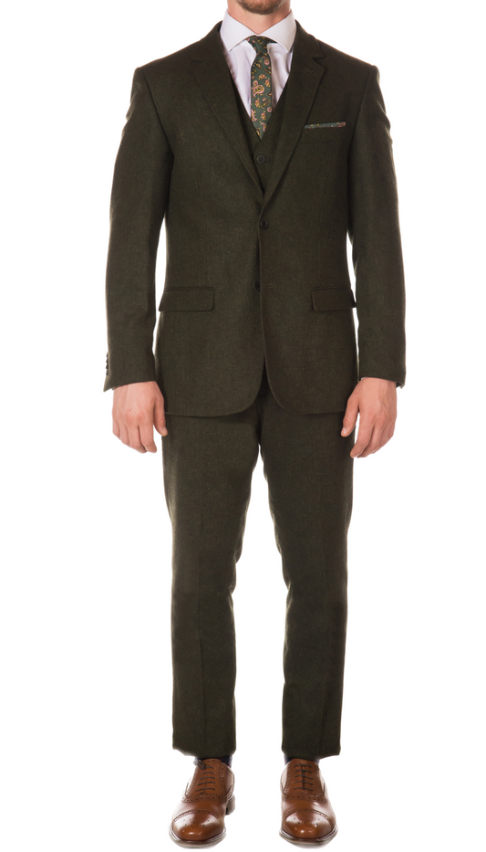 LANA MEN'S HUNTER GREEN SLIM FIT 3-PIECE TWEED SUIT | NOTCH LAPEL & TWEED WEAVE