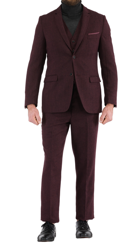 LANA MEN'S BURGUNDY SLIM FIT 3-PIECE TWEED SUIT | NOTCH LAPEL & TWEED WEAVE