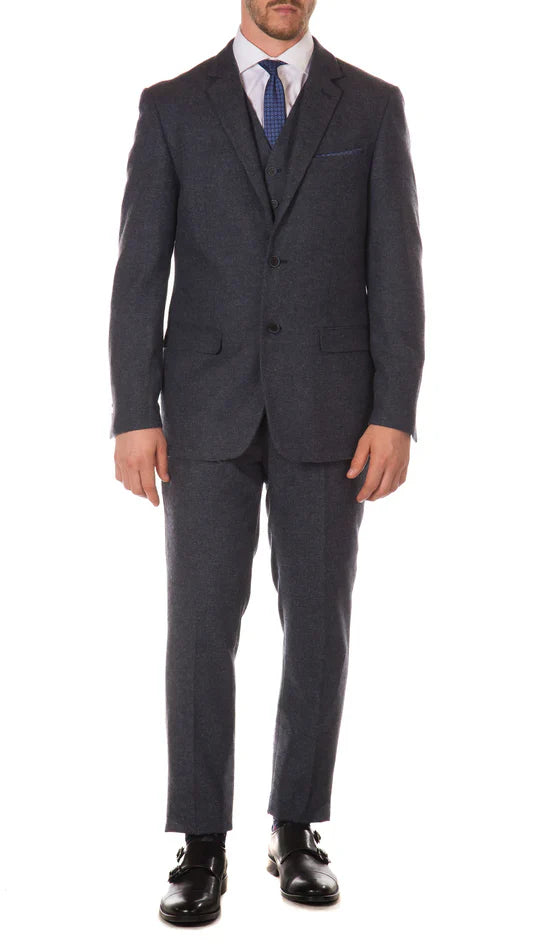 SPINA MEN'S NAVY SLIM FIT 3-PIECE SUIT | NOTCH LAPEL & HERRINGBONE WEAVE