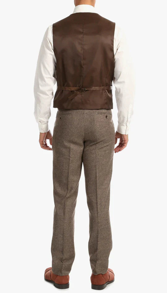SPINA MEN'S BROWN SLIM FIT 3-PIECE SUIT | NOTCH LAPEL & HERRINGBONE WEAVE