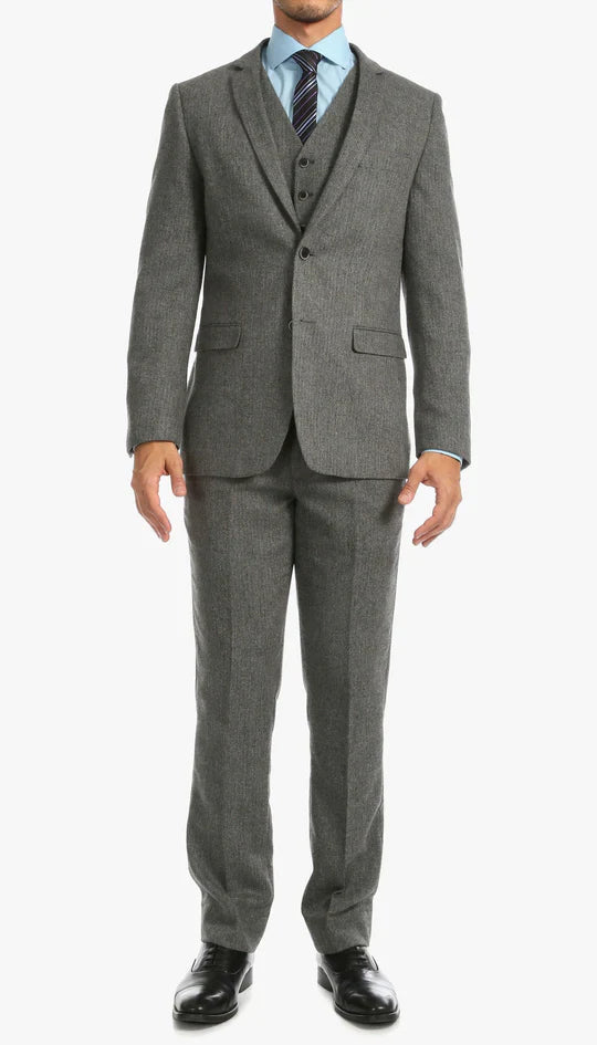 SPINA MEN'S GREY SLIM FIT 3-PIECE SUIT | NOTCH LAPEL & HERRINGBONE WEAVE