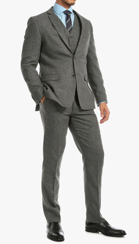 SPINA MEN'S GREY SLIM FIT 3-PIECE SUIT | NOTCH LAPEL & HERRINGBONE WEAVE
