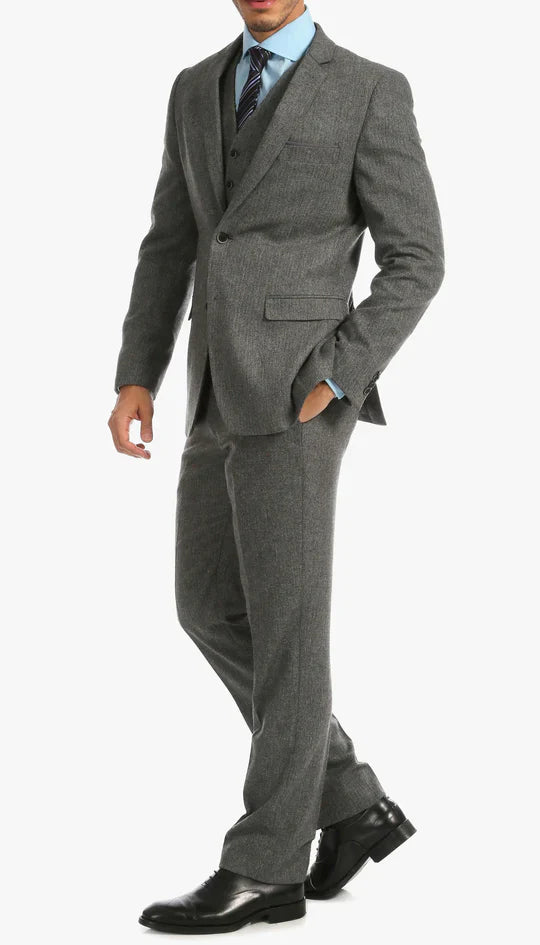SPINA MEN'S GREY SLIM FIT 3-PIECE SUIT | NOTCH LAPEL & HERRINGBONE WEAVE