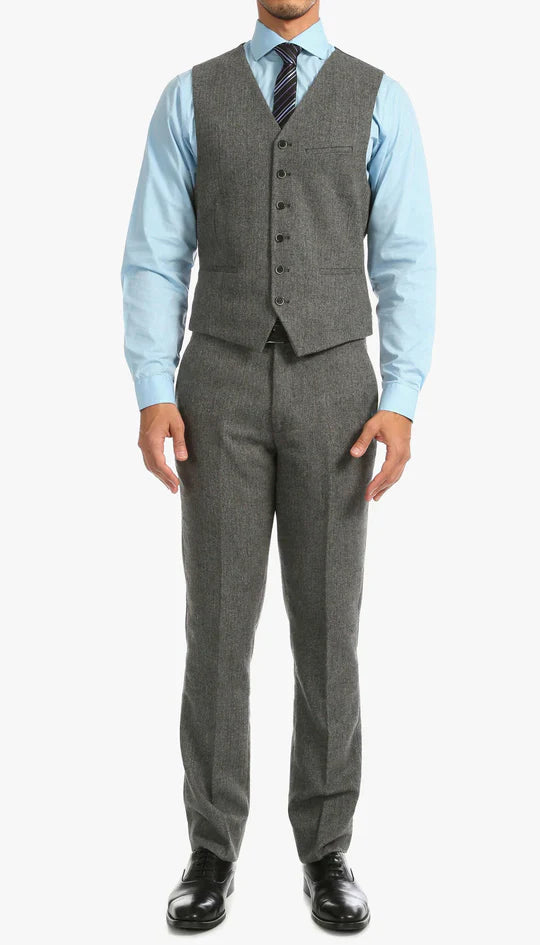 SPINA MEN'S GREY SLIM FIT 3-PIECE SUIT | NOTCH LAPEL & HERRINGBONE WEAVE