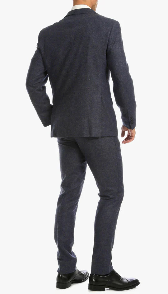 SPINA MEN'S NAVY SLIM FIT 3-PIECE SUIT | NOTCH LAPEL & HERRINGBONE WEAVE