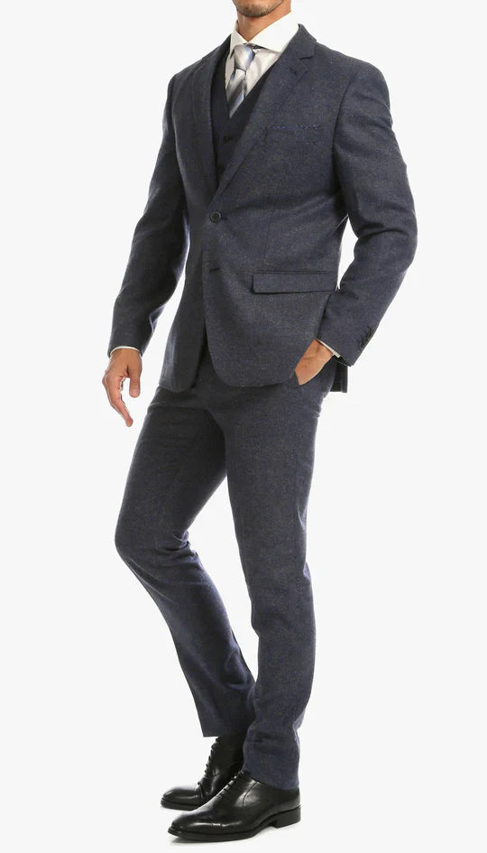 SPINA MEN'S NAVY SLIM FIT 3-PIECE SUIT | NOTCH LAPEL & HERRINGBONE WEAVE