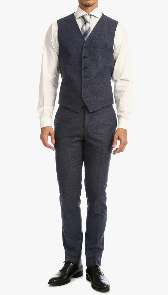 SPINA MEN'S NAVY SLIM FIT 3-PIECE SUIT | NOTCH LAPEL & HERRINGBONE WEAVE