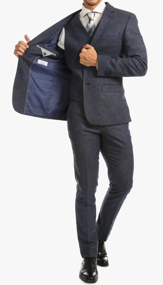 SPINA MEN'S NAVY SLIM FIT 3-PIECE SUIT | NOTCH LAPEL & HERRINGBONE WEAVE